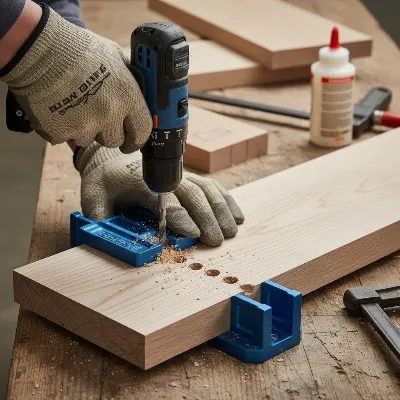 Close-up of a person using a Kreg Jig to drill pocket holes into wooden pieces for a digital piano stand leg assembly, with wood glue and clamps visible.