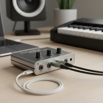 A close-up of an audio interface connected to a digital piano with cables, showing input levels.