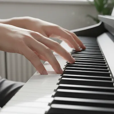A close-up of a digital piano keyboard with fingers illustrating weighted keys and touch sensitivity.