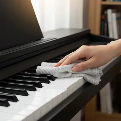 A person gently cleaning digital piano keys with a microfiber cloth and a mild solution.