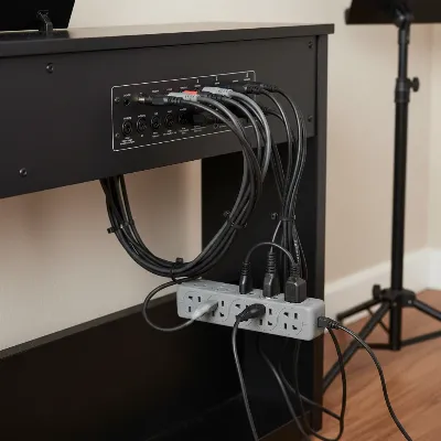 Close-up of neatly organized power cords and cables behind a digital piano for safety