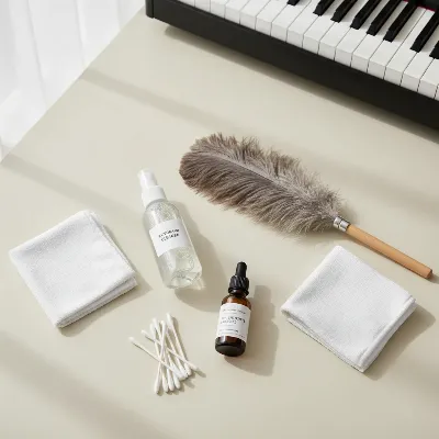 A digital piano cleaning kit with microfiber cloths, a spray bottle, and a soft brush.