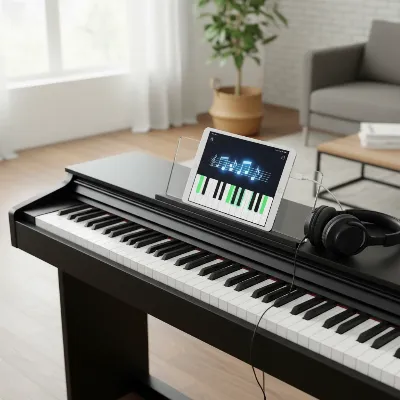 A digital piano connected to a tablet showing a piano learning app, illustrating modern learning features.
