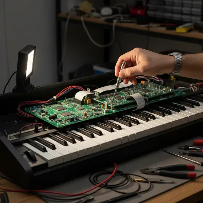 Opened digital piano showing internal components, keybed, and circuit board with a screwdriver