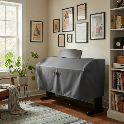 A digital piano covered with a protective dust cover in a home setting.