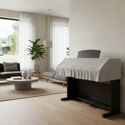 A modern digital piano covered with a breathable dust cover, positioned away from a window for environmental protection