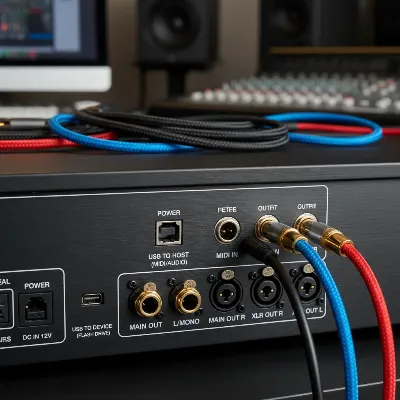 Close-up of a digital piano's back panel, showing various connectivity ports like USB, MIDI In/Out, and audio outputs, with focus on labels.