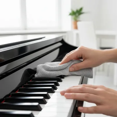 A person gently wiping the keys of a digital piano with a microfiber cloth, highlighting careful maintenance