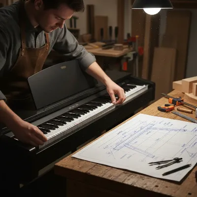 A person meticulously measuring a digital piano with a tape measure, with a sketch of a stand design and various dimensions noted on a blueprint paper. Focus on precision and planning.