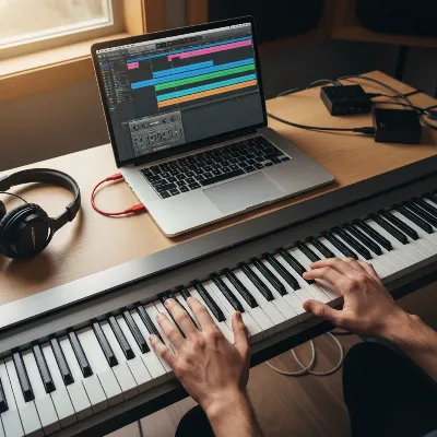 Digital piano connected to a laptop showing a music production software interface