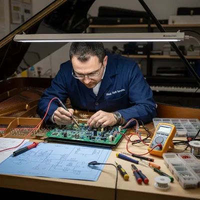 A professional technician repairing the internal components of a digital piano on a workbench.