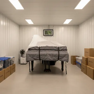 A digital piano safely stored in a climate-controlled unit, with protective padding and breathable cover