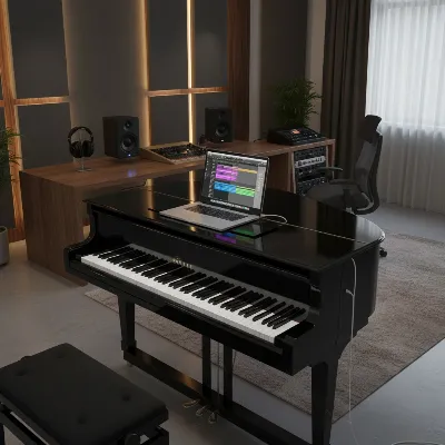 A digital piano with a sleek design, connected to a laptop running a DAW, with studio monitors in the background, showing modern music production setup.