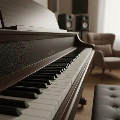 Kawai CA901 digital piano in a home studio, highlighting its Grand Feel III wooden key action and integrated speaker system, emphasizing authentic touch and natural sound.