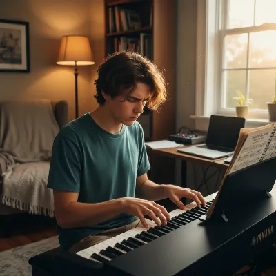 A beginner pianist practicing on a Yamaha P-145 digital piano, showing a focused and engaged learning experience.