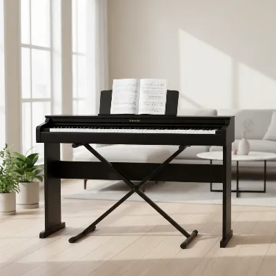 Yamaha P-145 portable digital piano with 88 weighted keys on a simple stand, in a bright home setting, ideal for beginner pianists.