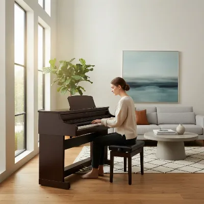 A Yamaha Arius YDP-145 digital piano elegantly placed in a modern living room, with a person playing it gracefully.